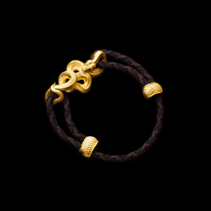 Tree Boa rope bracelet in 24K Gold Plated Brass with 4mm Braided Rope and & Deep Coffee cord, black-background variant view