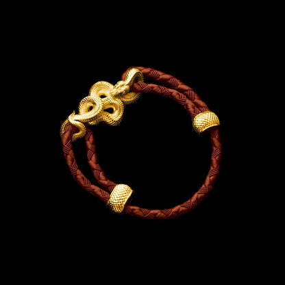 Tree Boa rope bracelet in 24K Gold Plated Brass with 4mm Braided Rope and & Deep Orange cord, black-background variant view