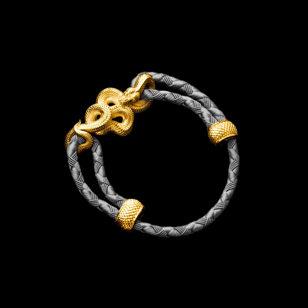 Tree Boa rope bracelet in 24K Gold Plated Brass with 4mm Braided Rope and & Gray cord, black-background variant view