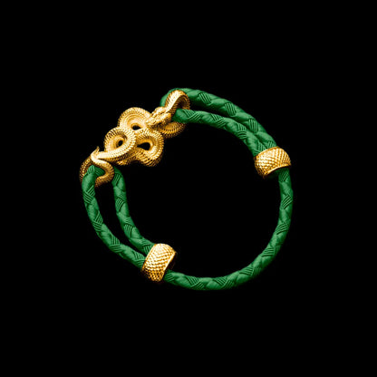 Tree Boa rope bracelet in 24K Gold Plated Brass with 4mm Braided Rope and & Green cord, black-background variant view