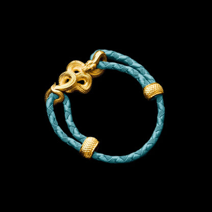 Tree Boa rope bracelet in 24K Gold Plated Brass with 4mm Braided Rope and & Light Blue cord, black-background variant view