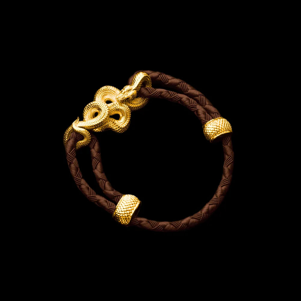 Tree Boa rope bracelet in 24K Gold Plated Brass with 4mm Braided Rope and & Light Brown cord, black-background variant view