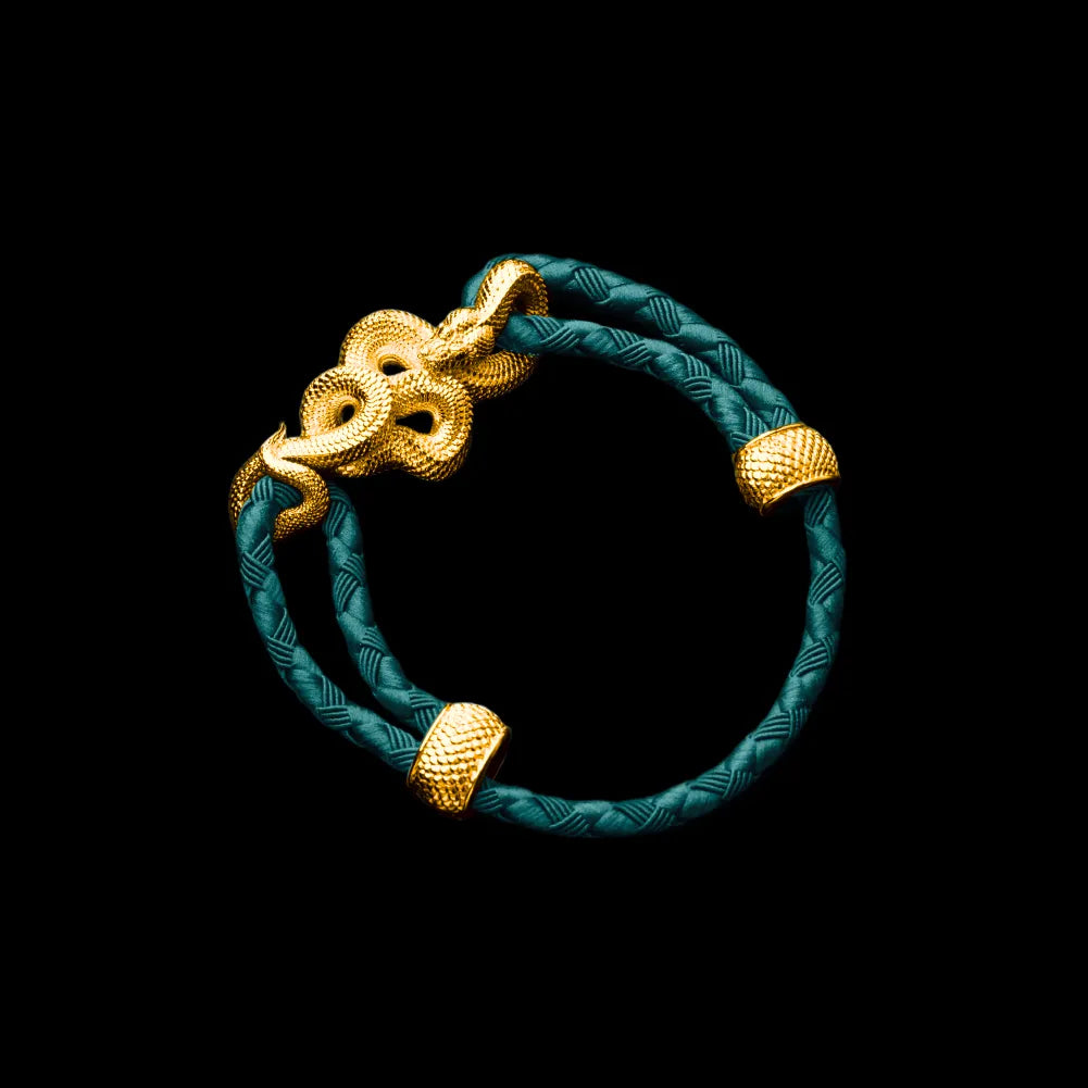 Tree Boa rope bracelet in 24K Gold Plated Brass with 4mm Braided Rope and & Light Ink Green cord, black-background variant view