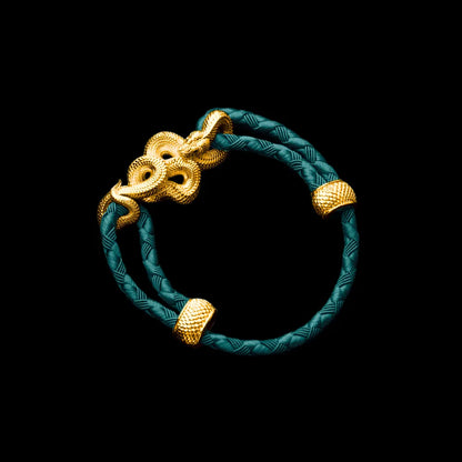 Tree Boa rope bracelet in 24K Gold Plated Brass with 4mm Braided Rope and & Light Ink Green cord, black-background variant view