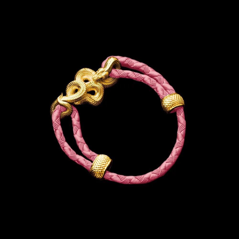 Tree Boa rope bracelet in 24K Gold Plated Brass with 4mm Braided Rope and & Light Pink cord, black-background variant view