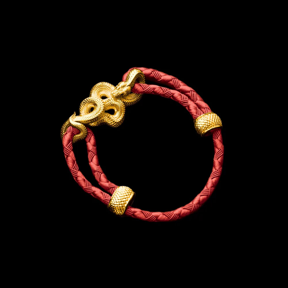 Tree Boa rope bracelet in 24K Gold Plated Brass with 4mm Braided Rope and & Watermelon Red cord, black-background variant view