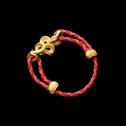 Tree Boa rope bracelet in 24K Gold Plated Brass with 4mm Braided Rope and & Watermelon Red cord, black-background variant view