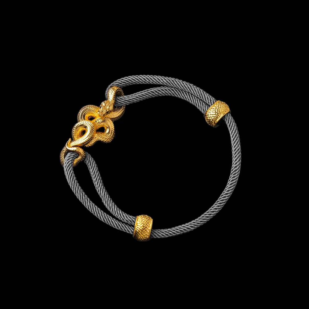 Tree Boa rope bracelet in 24K Gold Plated Brass with 4mm Milan Rope and Gray cord, black-background variant view