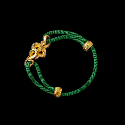 Tree Boa rope bracelet in 24K Gold Plated Brass with 4mm Milan Rope and Green cord, black-background variant view