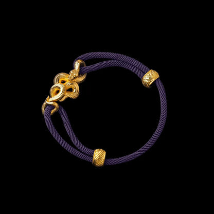 Tree Boa rope bracelet in 24K Gold Plated Brass with 4mm Milan Rope and Purple cord, black-background variant view