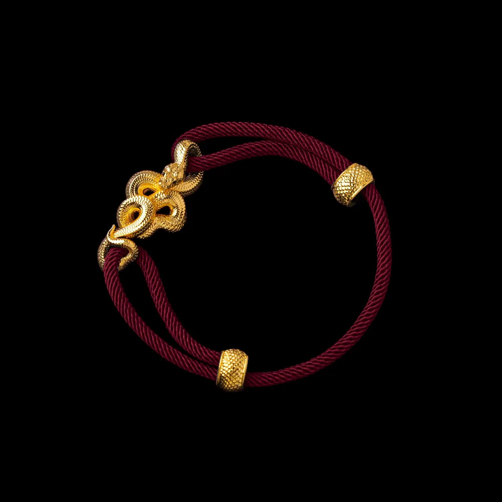 Tree Boa rope bracelet in 24K Gold Plated Brass with 4mm Milan Rope and Red Velvet cord, black-background variant view