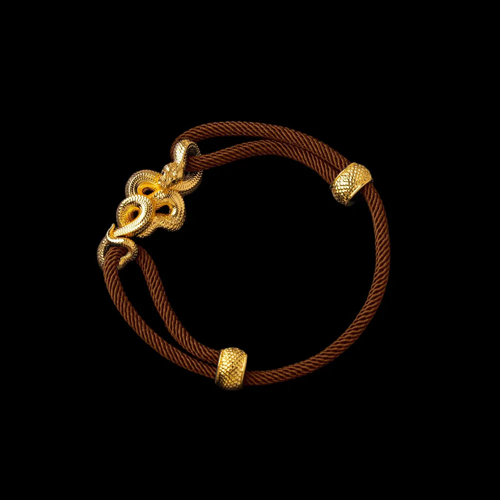 Tree Boa rope bracelet in 24K Gold Plated Brass with 4mm Milan Rope and Reddish Brown cord, black-background variant view