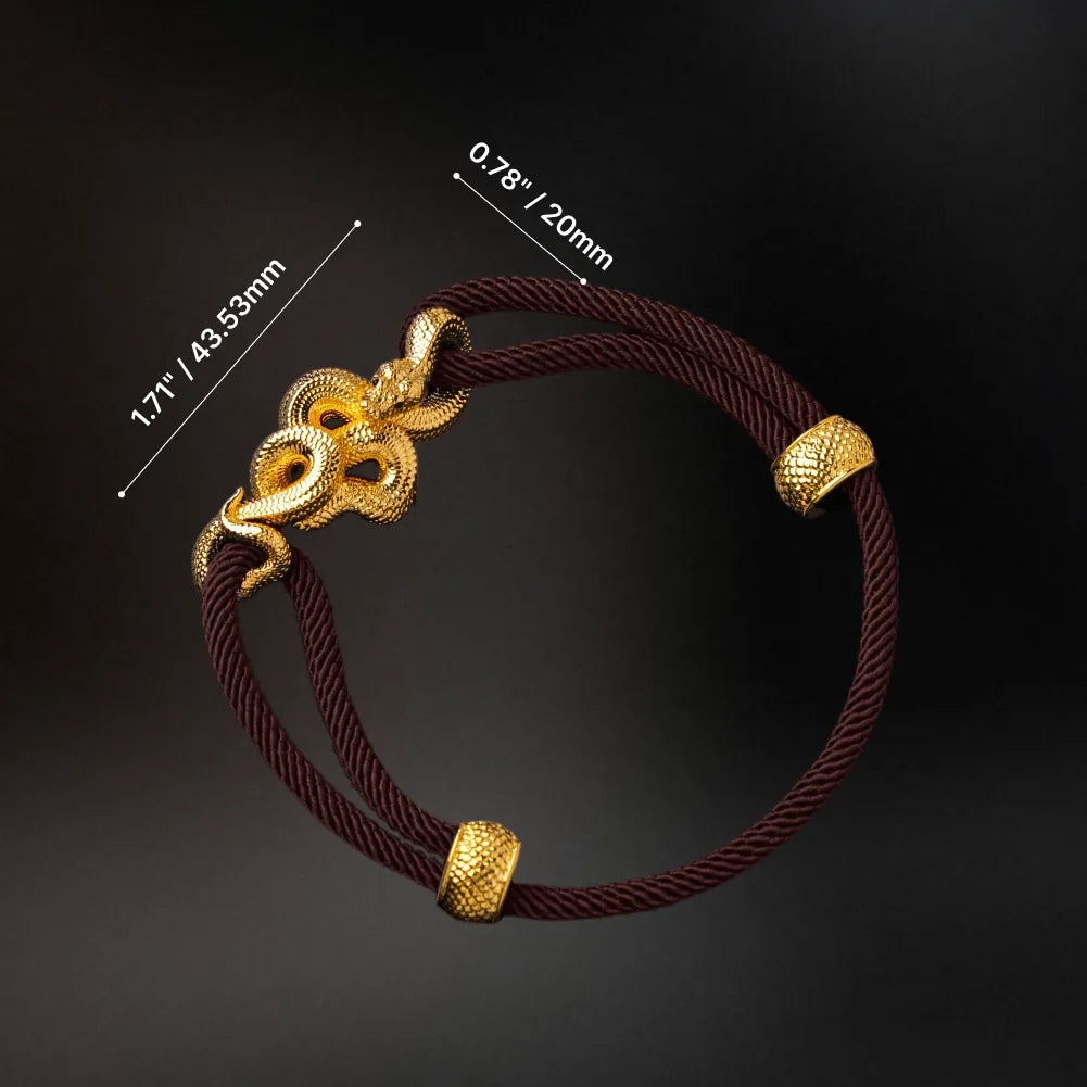 Tree Boa Rope Bracelet in 24K Gold Plated Brass, dimensions and complete bracelet shape shown on a dark background.