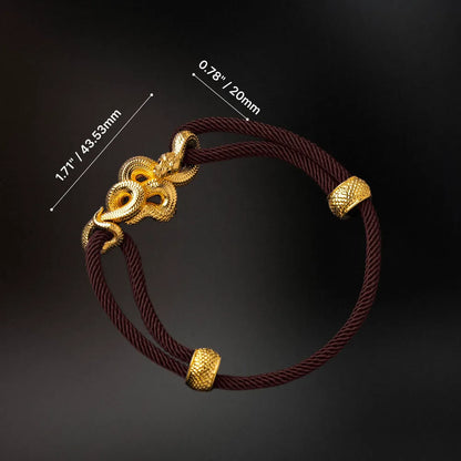 Tree Boa Rope Bracelet in 24K Gold Plated Brass, dimensions and complete bracelet shape shown on a dark background.