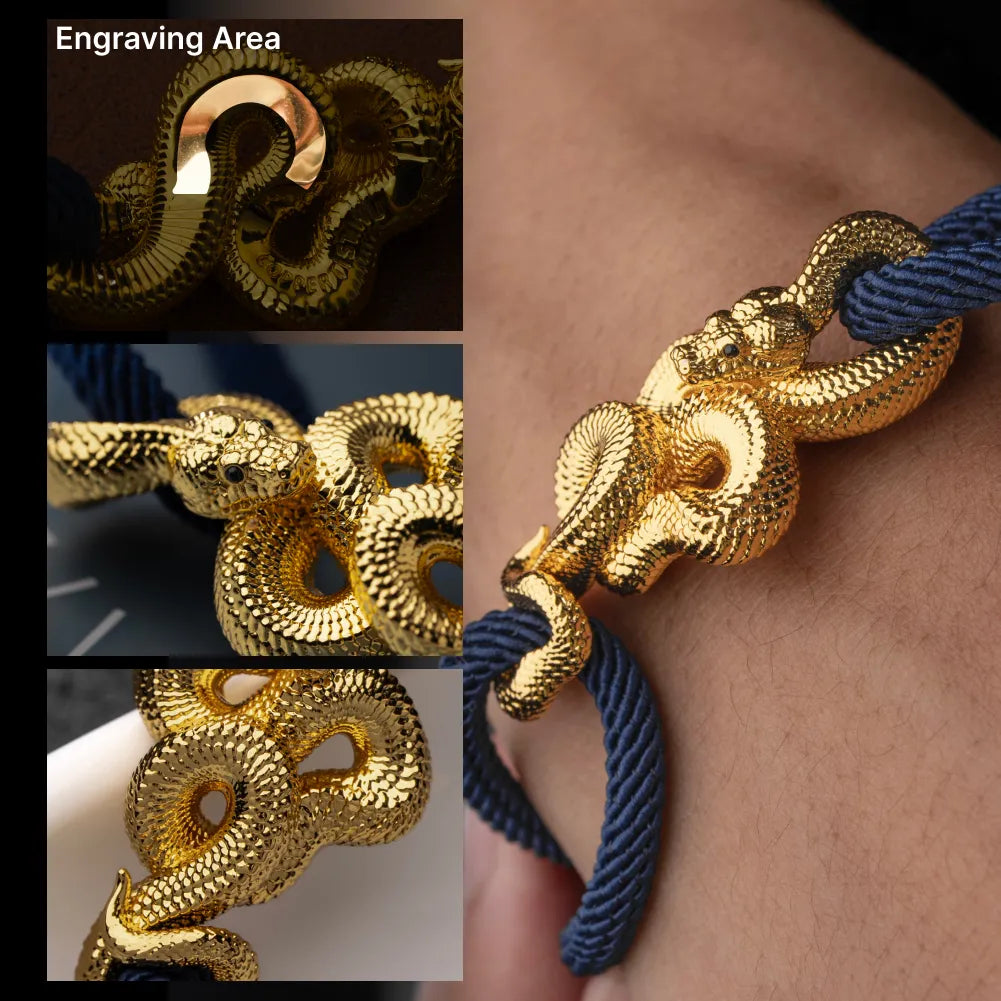 Tree Boa Rope Bracelet in 24K Gold Plated Brass, sculpted scales and engraving areas shown in a detail collage.
