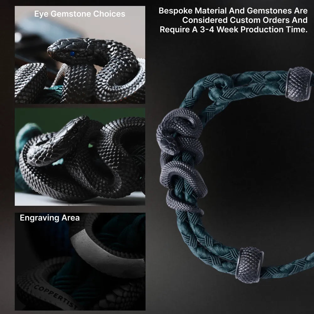 Blackened Tree Boa rope bracelet engraving and gemstone eye details