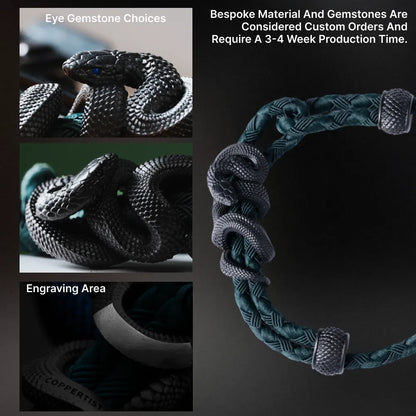 Blackened Tree Boa rope bracelet engraving and gemstone eye details