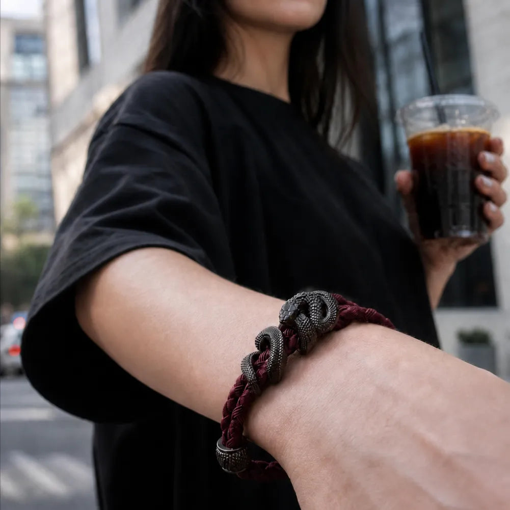 Blackened Tree Boa rope bracelet styled with a womens black outfit