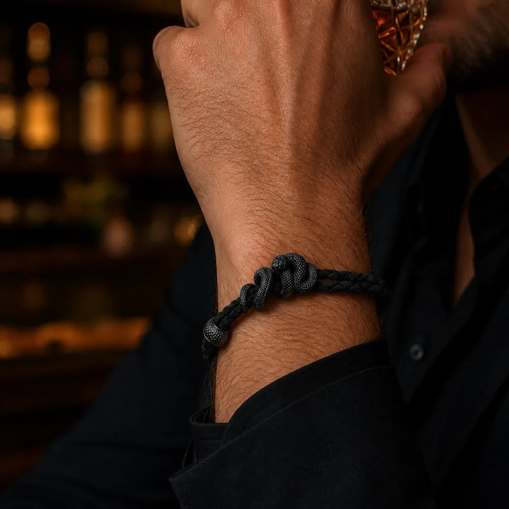 Blackened Tree Boa rope bracelet close up on the wrist