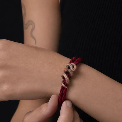 Copper Tree Boa rope bracelet close up with red velvet rope