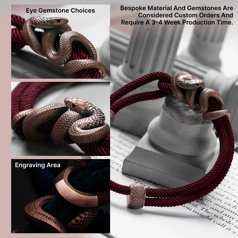 Copper Tree Boa rope bracelet engraving and gemstone eye details