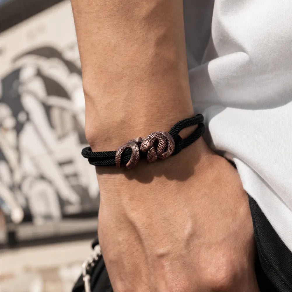 Copper Tree Boa rope bracelet styled on a mans wrist