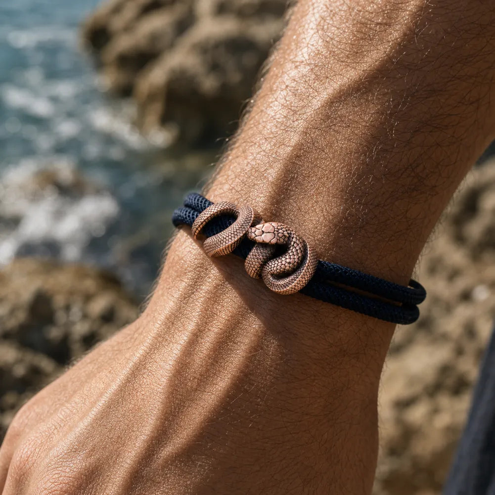 Copper Tree Boa rope bracelet worn outdoors on the wrist