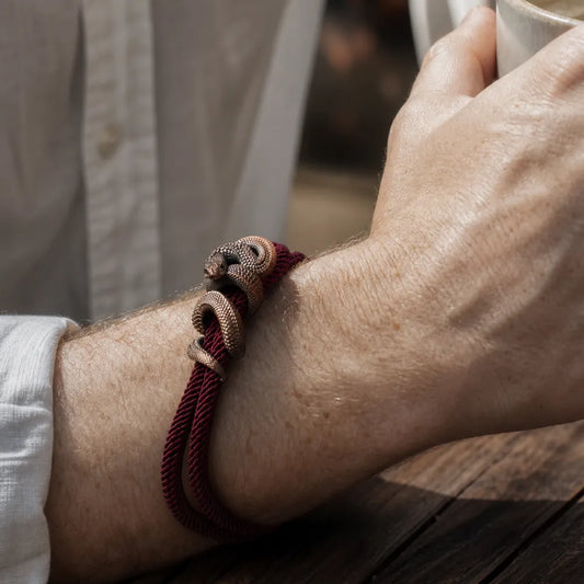 Copper Tree Boa rope bracelet worn with a neutral womens outfit