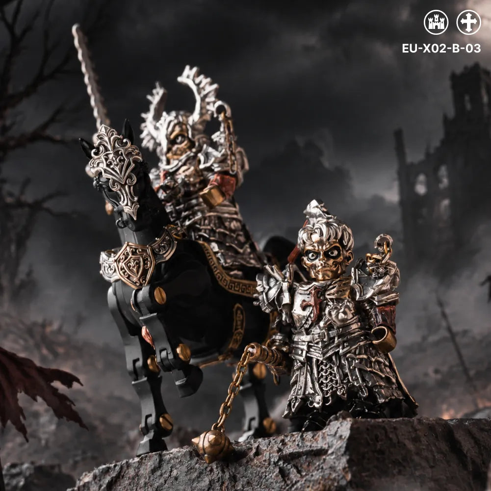 Undead Crusader with morning star beside a magnetic armored steed