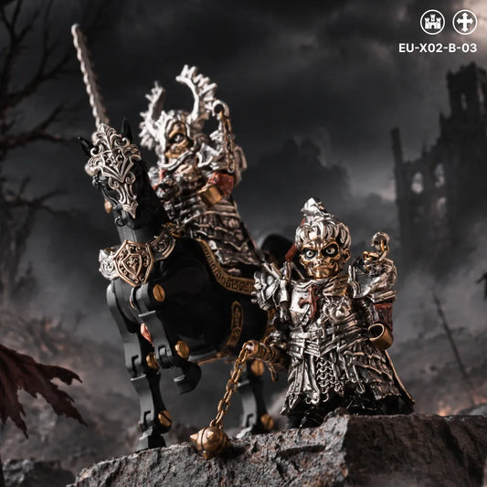 Undead Crusader with morning star beside a magnetic armored steed