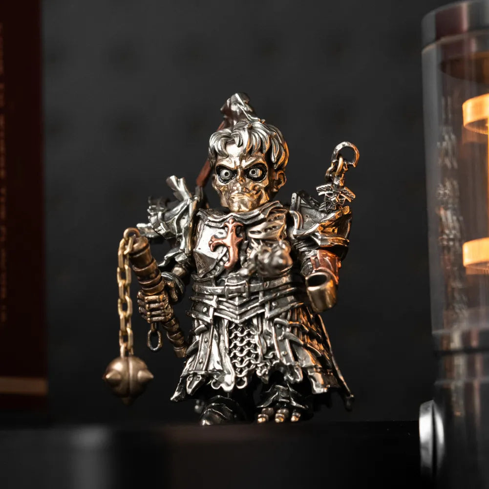 Risen Corpse Undead Crusader holding a chained morning star on a desk