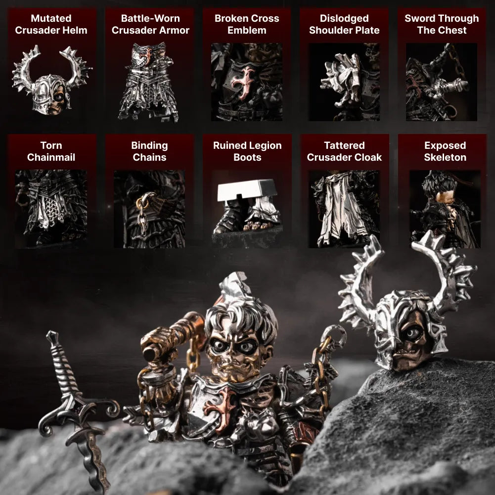 Undead Crusader battle-worn armor, broken cross and exposed skeleton details