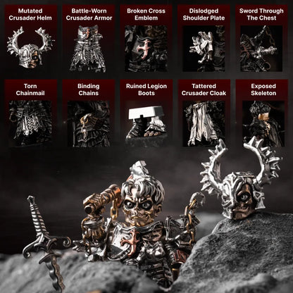 Undead Crusader battle-worn armor, broken cross and exposed skeleton details