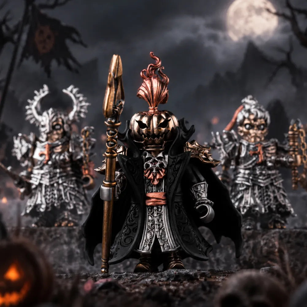 Undead Crusader figures behind a pumpkin-headed dark fantasy collectible
