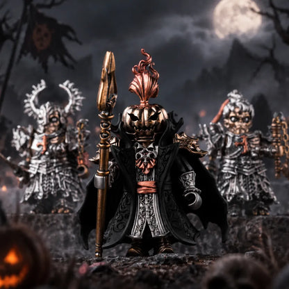 Undead Crusader figures behind a pumpkin-headed dark fantasy collectible