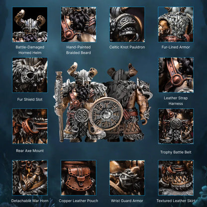 Close-up details of Viking Raider armor, shield, axe and removable accessories