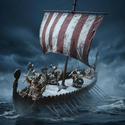Viking Raider warriors sailing a Nordic longship through icy seas