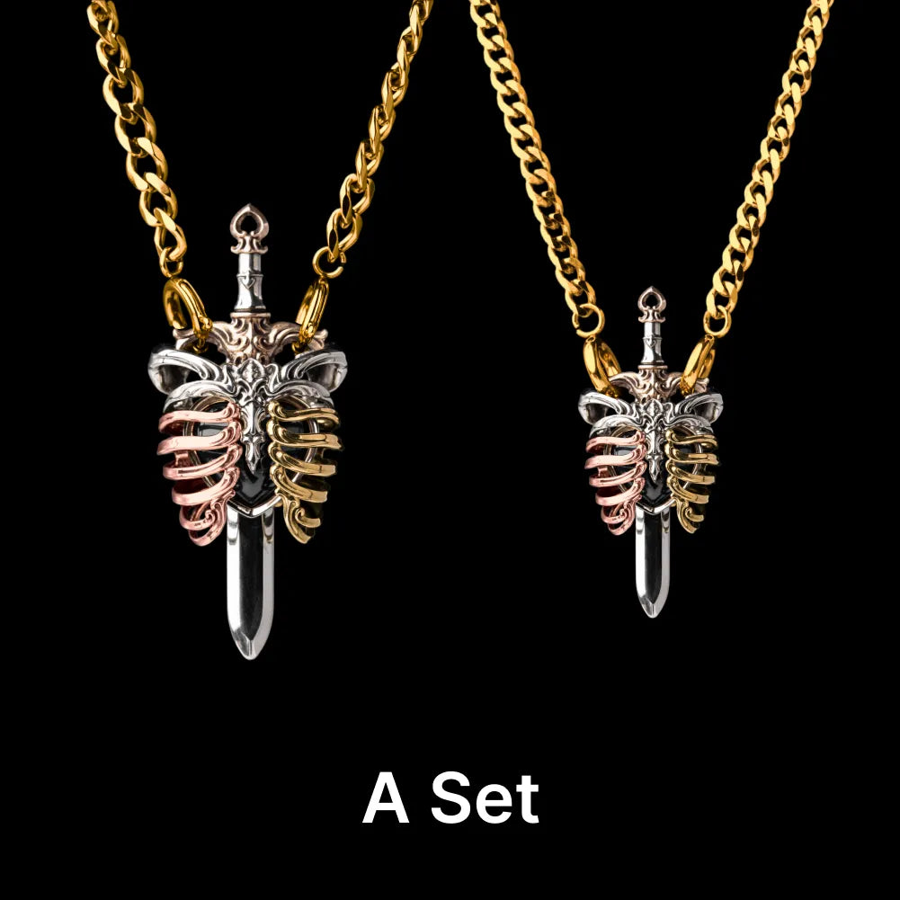 white bronze copper brass blackened The Beating Heart Pendant Pair with gold Titanium Steel Necklace