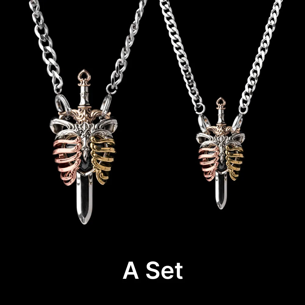 white bronze copper brass blackened The Beating Heart Pendant Pair with silver Titanium Steel Necklace
