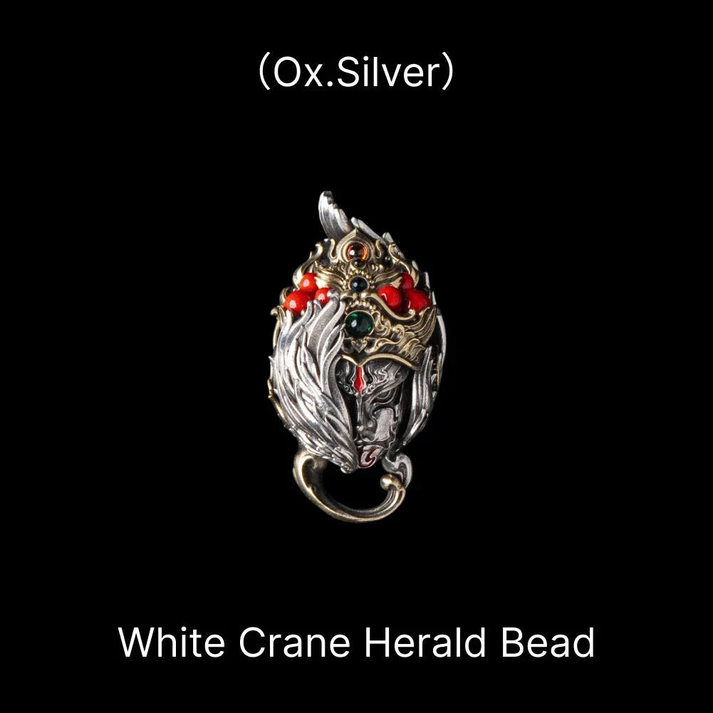White Crane Herald Bead in Oxidized Silver, Brass, Cinnabar — Bead Only