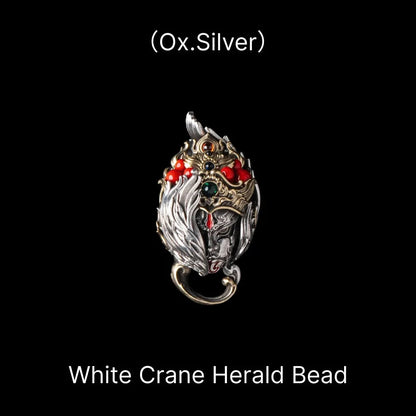 White Crane Herald Bead in Oxidized Silver, Brass, Cinnabar — Bead Only