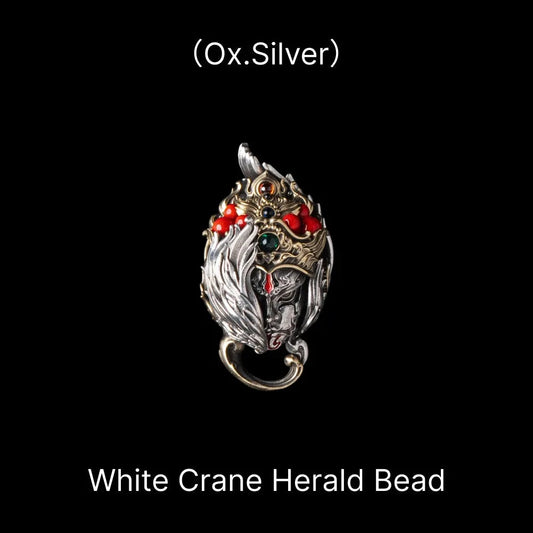 White Crane Herald Bead in Oxidized Silver, Brass, Cinnabar — Bead Only