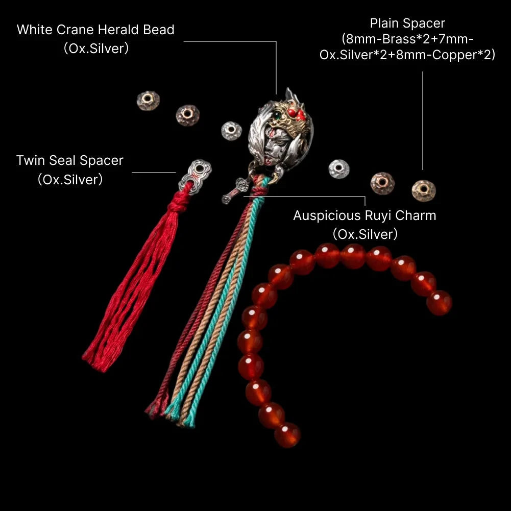 White Crane Herald Bead in Oxidized Silver, Brass, Cinnabar — With Agate & Crane Tassel C