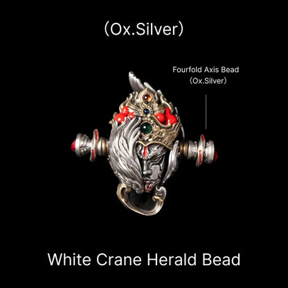 White Crane Herald Bead in Oxidized Silver, Brass, Cinnabar — With Daoist Fourfold Axis Bead & Spacers