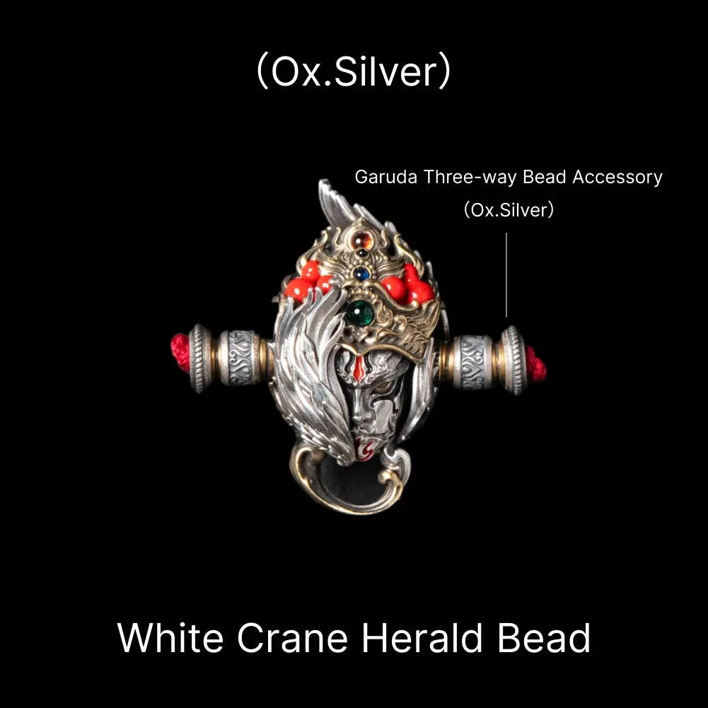 White Crane Herald Bead in Oxidized Silver, Brass, Cinnabar — With Garuda Three-way Bead