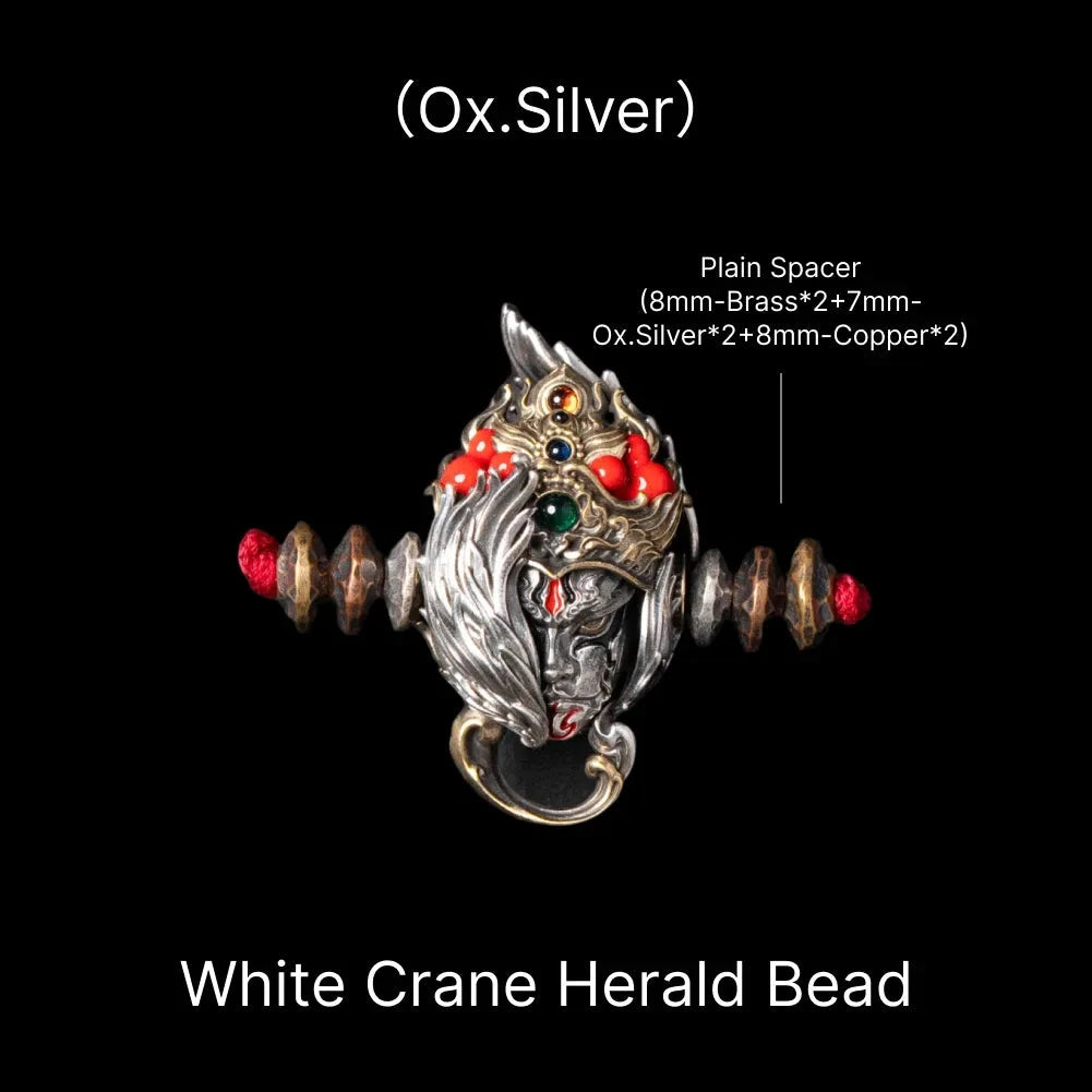 White Crane Herald Bead in Oxidized Silver, Brass, Cinnabar — With Plain Spacers