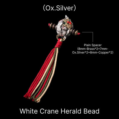White Crane Herald Bead in Oxidized Silver, Brass, Cinnabar — With Plain Spacers & Crane Tassel B