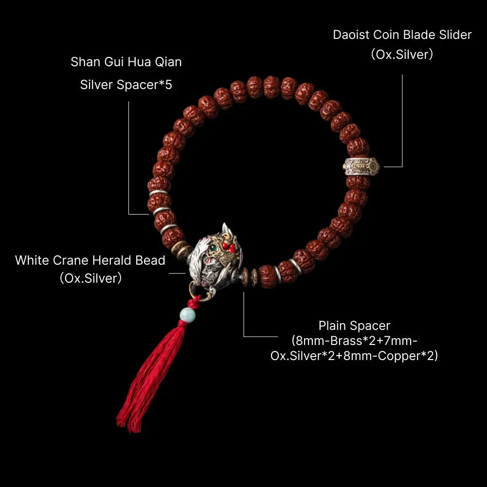 White Crane Herald Bead in Oxidized Silver, Brass, Cinnabar — With Rudraksha Handheld Bracelet A