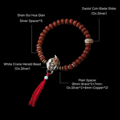 White Crane Herald Bead in Oxidized Silver, Brass, Cinnabar — With Rudraksha Handheld Bracelet A