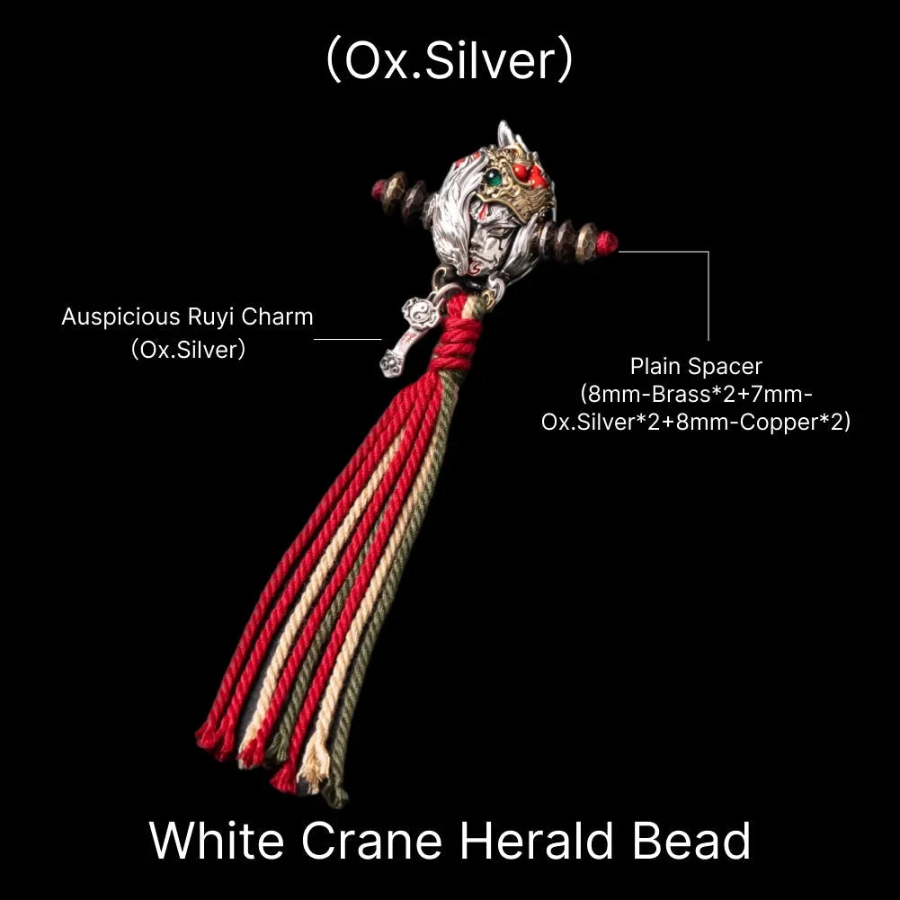 White Crane Herald Bead in Oxidized Silver, Brass, Cinnabar — With Ruyi & Crane Tassel E